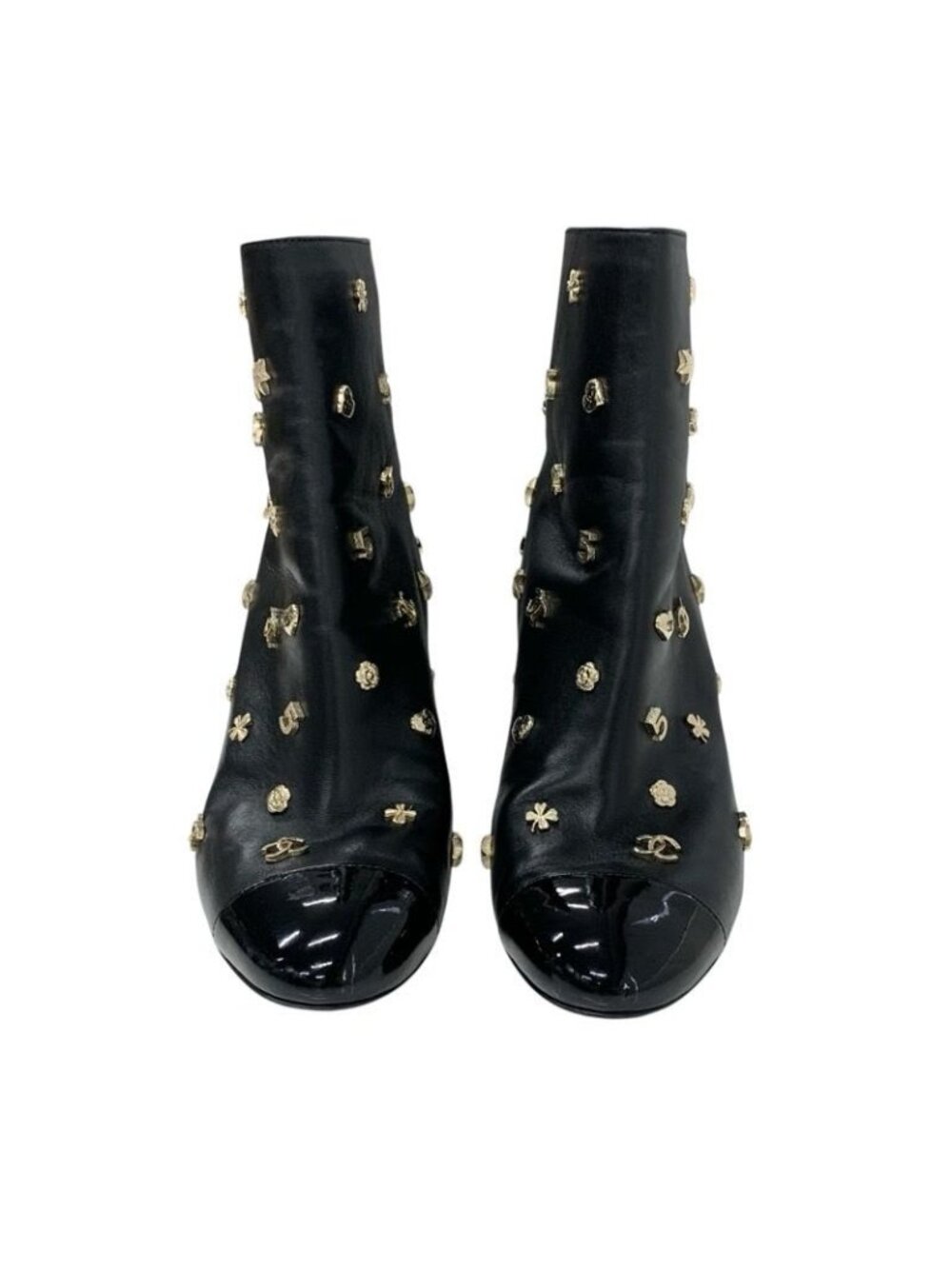 Chanel Boots Short Shoes Leather Patent Black Gold Coco Mark Icon Logo - Picture 2 of 9